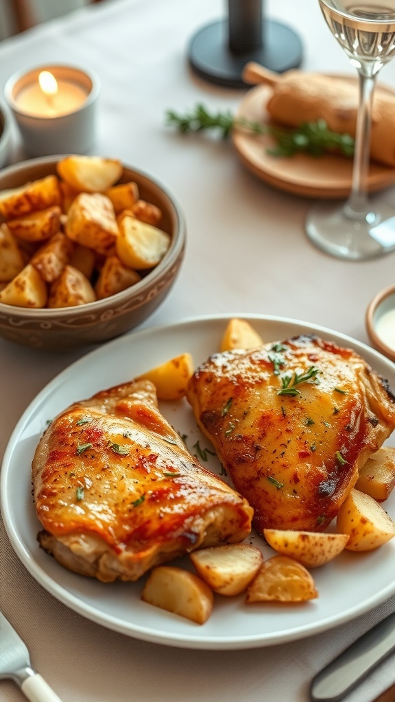 Quick Air Fryer Meals for Two Air fryer chicken breasts and crispy potatoes served for two on a dining table.